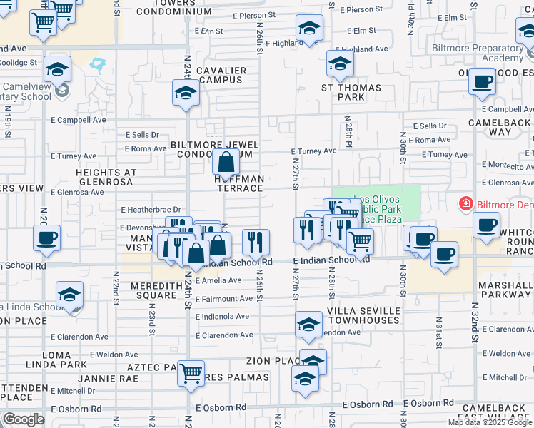 map of restaurants, bars, coffee shops, grocery stores, and more near 2546 East Heatherbrae Drive in Phoenix