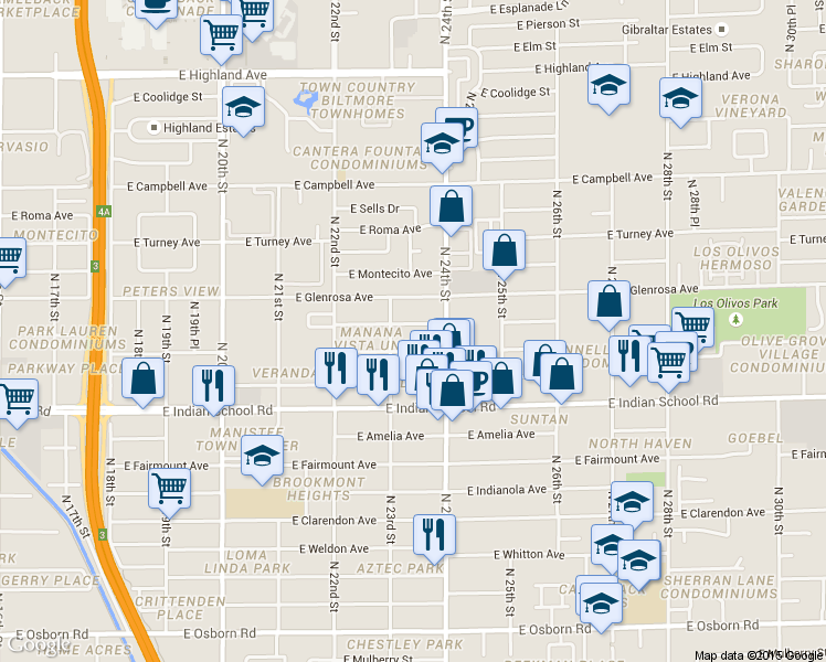 map of restaurants, bars, coffee shops, grocery stores, and more near 2308 East Heatherbrae Drive in Phoenix
