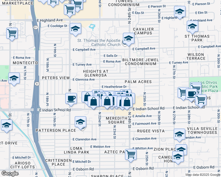 map of restaurants, bars, coffee shops, grocery stores, and more near 2220 East Heatherbrae Drive in Phoenix
