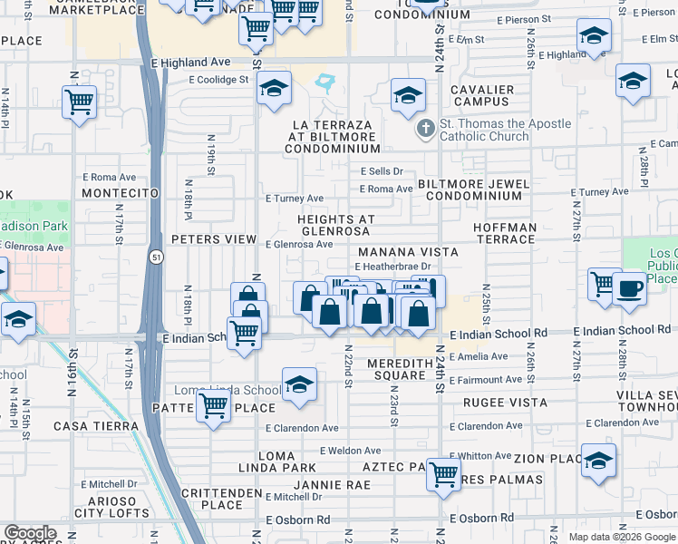 map of restaurants, bars, coffee shops, grocery stores, and more near 2147 East Glenrosa Avenue in Phoenix