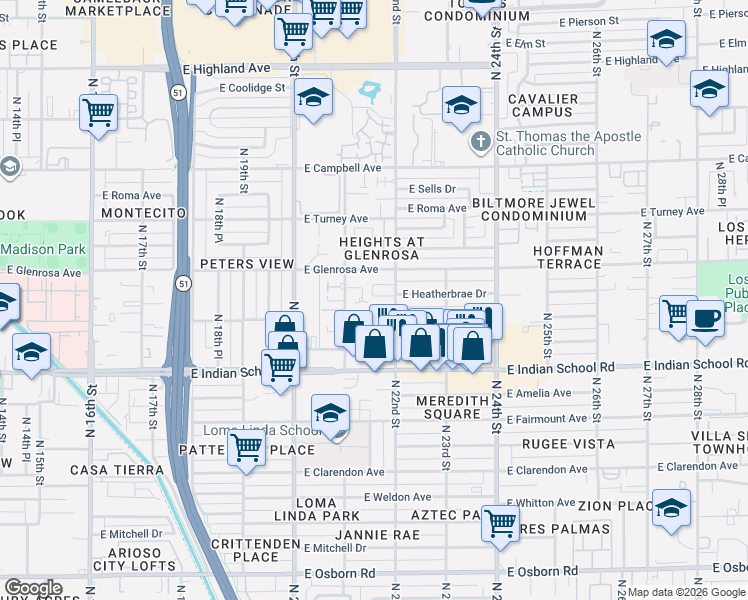 map of restaurants, bars, coffee shops, grocery stores, and more near 2147 East Glenrosa Avenue in Phoenix
