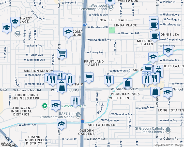 map of restaurants, bars, coffee shops, grocery stores, and more near 2421 West Glenrosa Avenue in Phoenix