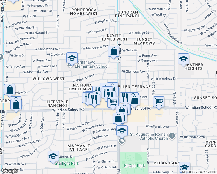map of restaurants, bars, coffee shops, grocery stores, and more near 7533 West Heatherbrae Drive in Phoenix