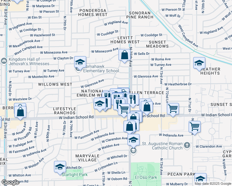 map of restaurants, bars, coffee shops, grocery stores, and more near 7533 West Heatherbrae Drive in Phoenix