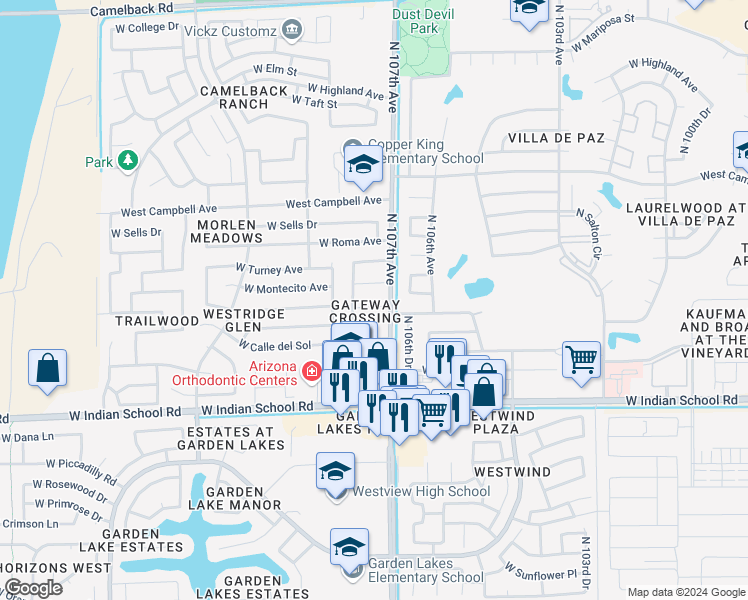 map of restaurants, bars, coffee shops, grocery stores, and more near 10730 West Montecito Avenue in Phoenix