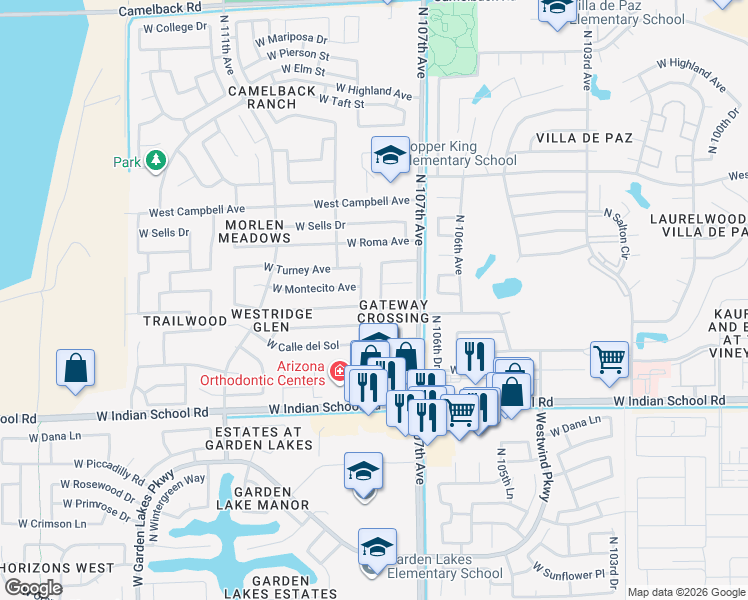 map of restaurants, bars, coffee shops, grocery stores, and more near 10730 West Montecito Avenue in Phoenix