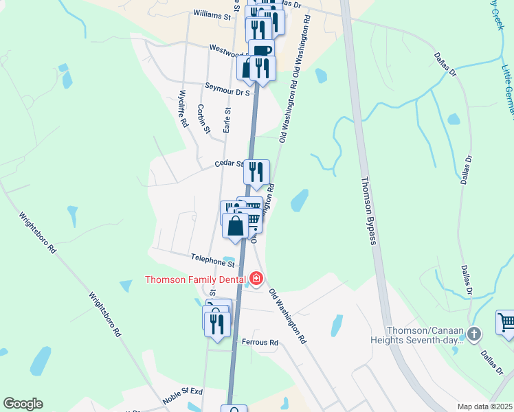 map of restaurants, bars, coffee shops, grocery stores, and more near 1117-1297 Old Washington Road in Thomson