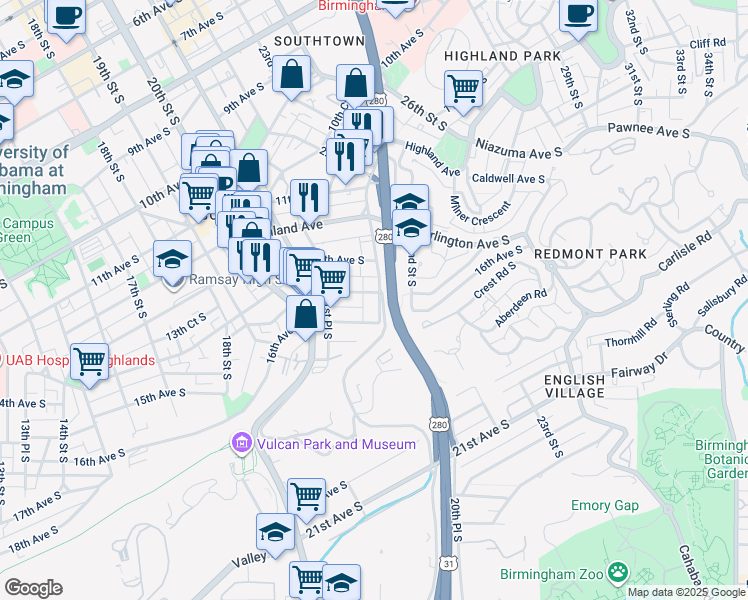 map of restaurants, bars, coffee shops, grocery stores, and more near 1412 21st Way South in Birmingham