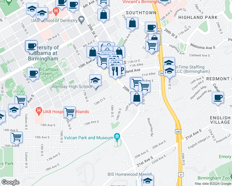 map of restaurants, bars, coffee shops, grocery stores, and more near 1301 19th Street South in Birmingham