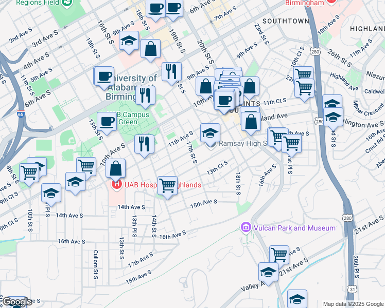 map of restaurants, bars, coffee shops, grocery stores, and more near 1637 11th Avenue South in Birmingham