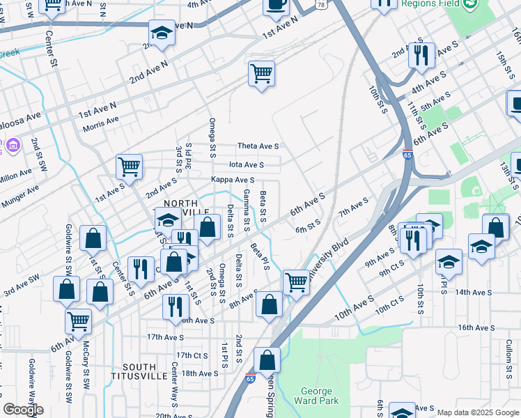 map of restaurants, bars, coffee shops, grocery stores, and more near 313 Beta Street South in Birmingham