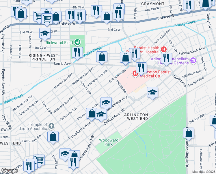 map of restaurants, bars, coffee shops, grocery stores, and more near 1028 Fulton Avenue Southwest in Birmingham