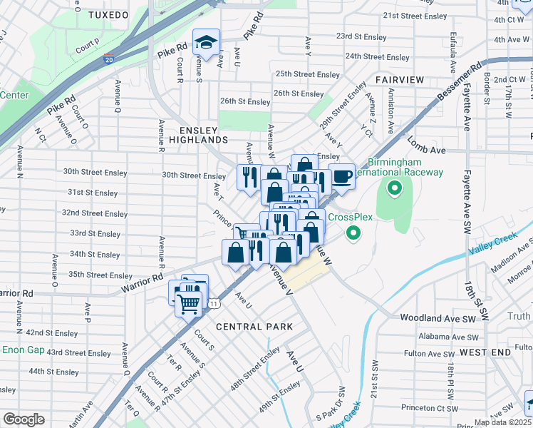 map of restaurants, bars, coffee shops, grocery stores, and more near 3104 Ensley 5 Points West Avenue in Birmingham