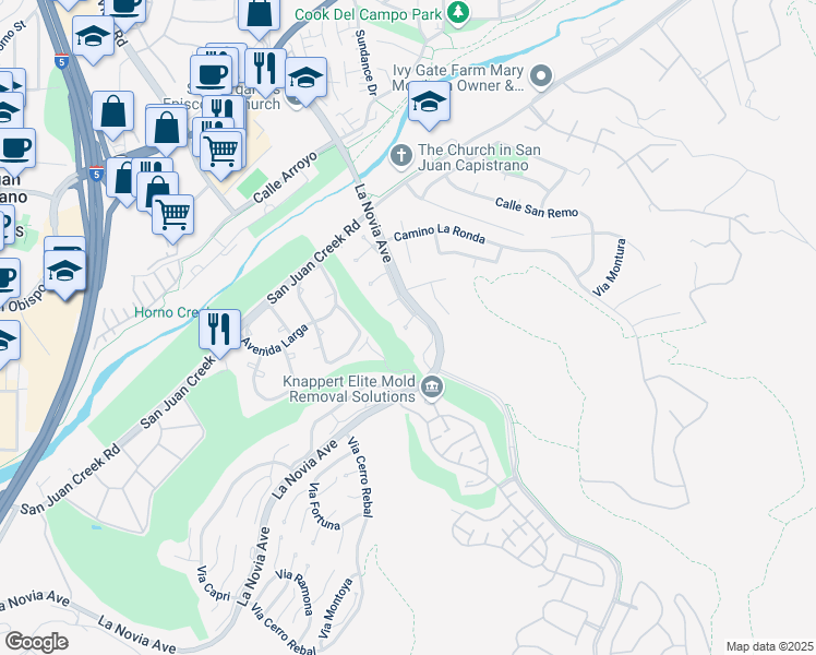 map of restaurants, bars, coffee shops, grocery stores, and more near 31971 Via Flores in San Juan Capistrano