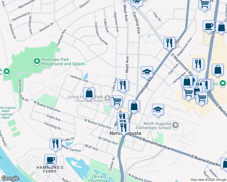 map of restaurants, bars, coffee shops, grocery stores, and more near 216 Jackson Avenue in North Augusta