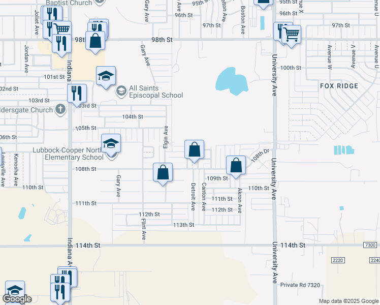 map of restaurants, bars, coffee shops, grocery stores, and more near 10602 Detroit Avenue in Lubbock