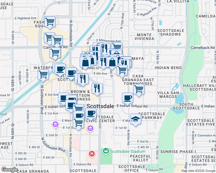 map of restaurants, bars, coffee shops, grocery stores, and more near 4215 North Drinkwater Boulevard in Scottsdale