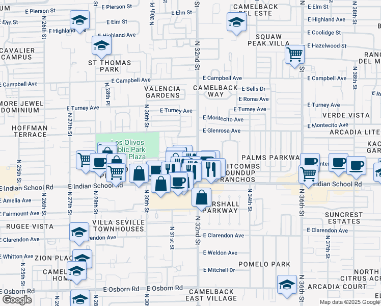 map of restaurants, bars, coffee shops, grocery stores, and more near 3139 East Glenrosa Avenue in Phoenix