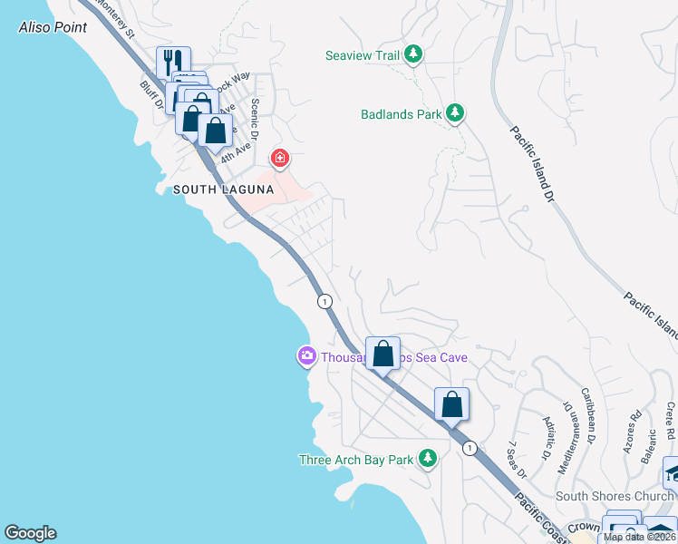 map of restaurants, bars, coffee shops, grocery stores, and more near 32036 Sunset Avenue in Laguna Beach
