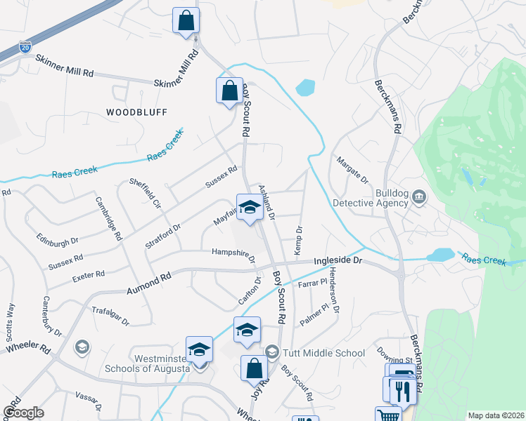 map of restaurants, bars, coffee shops, grocery stores, and more near 2901 Mayfair Road in Augusta