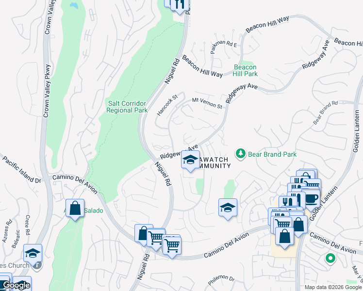map of restaurants, bars, coffee shops, grocery stores, and more near 27 Bawley Street in Laguna Niguel