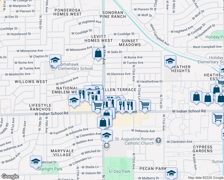map of restaurants, bars, coffee shops, grocery stores, and more near 4225 North 74th Drive in Phoenix