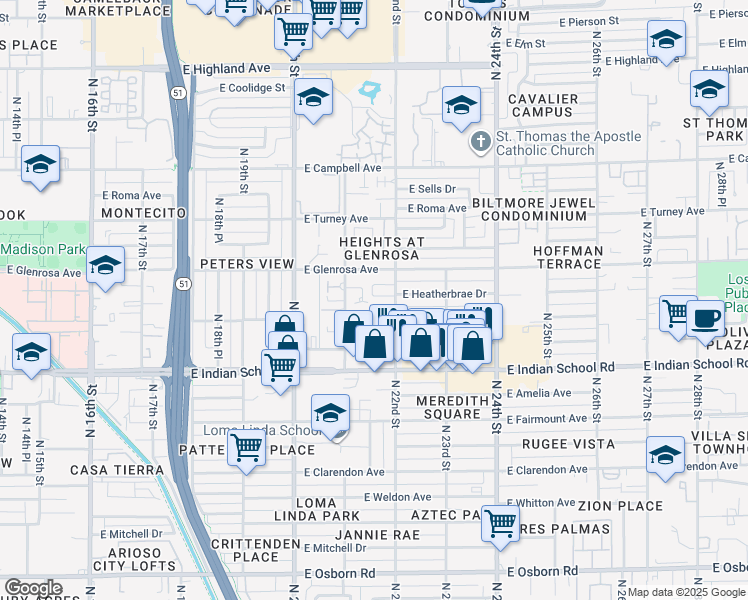 map of restaurants, bars, coffee shops, grocery stores, and more near 2147 East Glenrosa Avenue in Phoenix