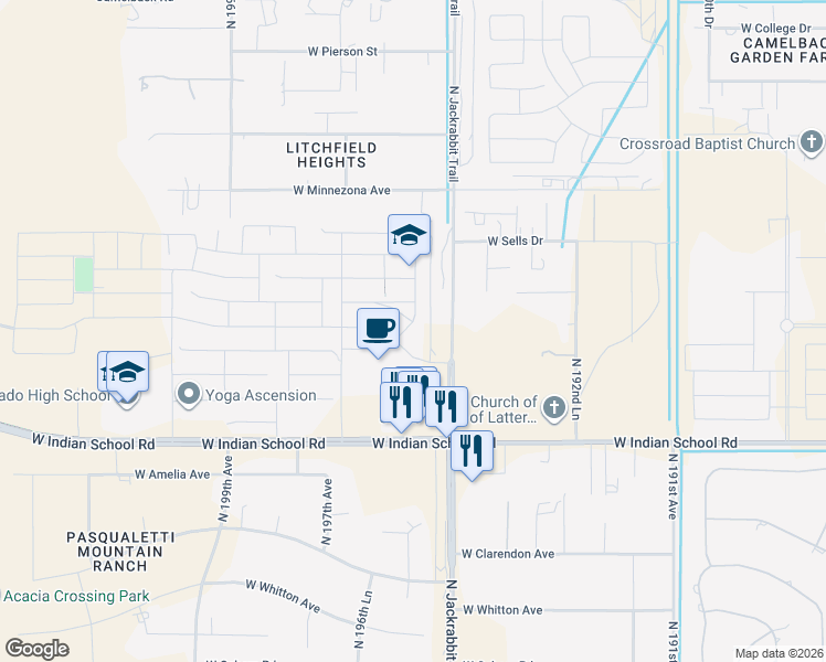 map of restaurants, bars, coffee shops, grocery stores, and more near 19609 West Montecito Avenue in Litchfield Park