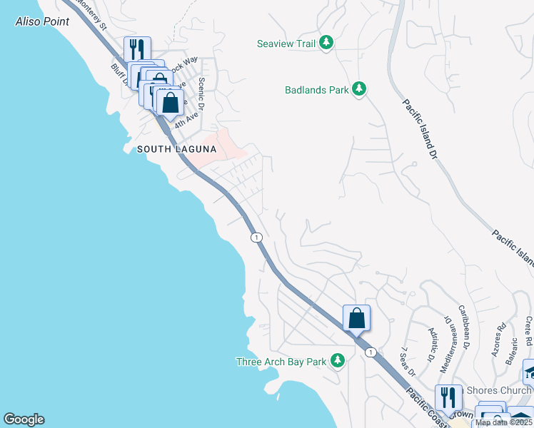 map of restaurants, bars, coffee shops, grocery stores, and more near 32036 Sunset Avenue in Laguna Beach