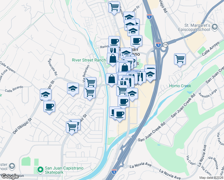 map of restaurants, bars, coffee shops, grocery stores, and more near 31902 Del Obispo Street in San Juan Capistrano