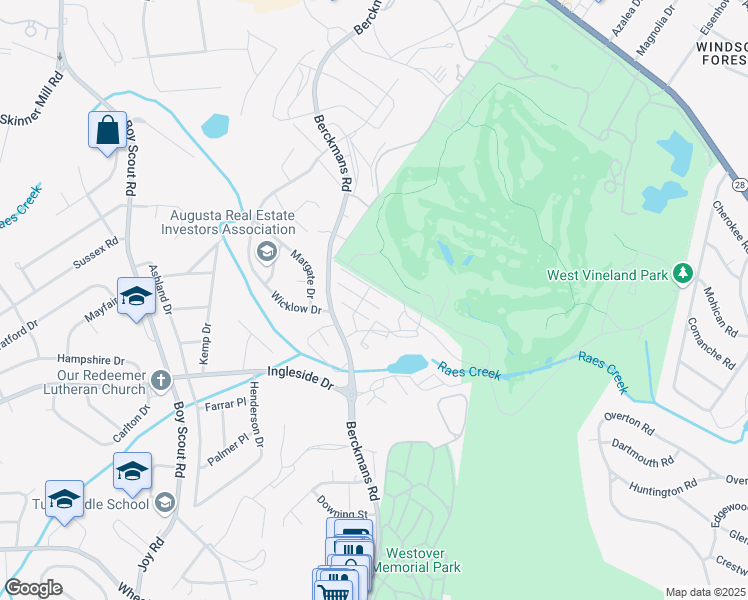 map of restaurants, bars, coffee shops, grocery stores, and more near 2623 Berkshire Road in Augusta