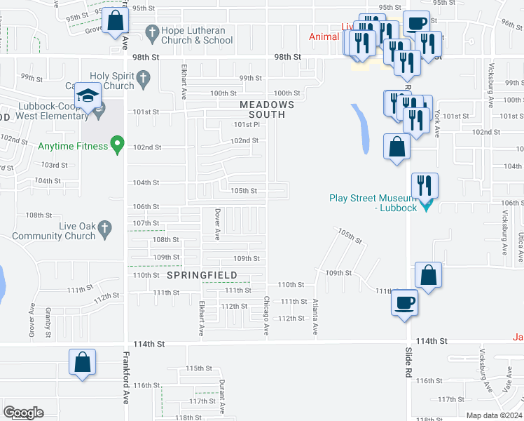 map of restaurants, bars, coffee shops, grocery stores, and more near 10604 Chicago Avenue in Lubbock