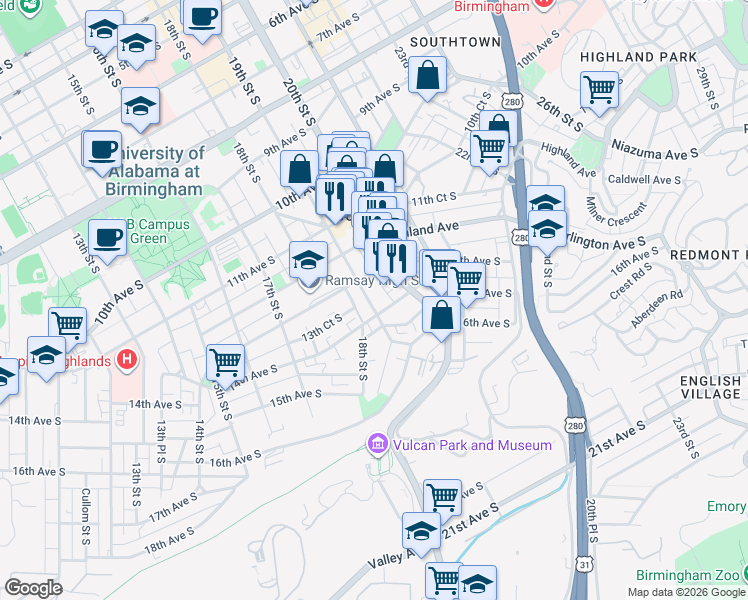 map of restaurants, bars, coffee shops, grocery stores, and more near 1301 19th Street South in Birmingham