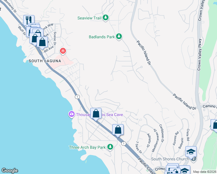 map of restaurants, bars, coffee shops, grocery stores, and more near 150 Vista Del Sol in Laguna Beach