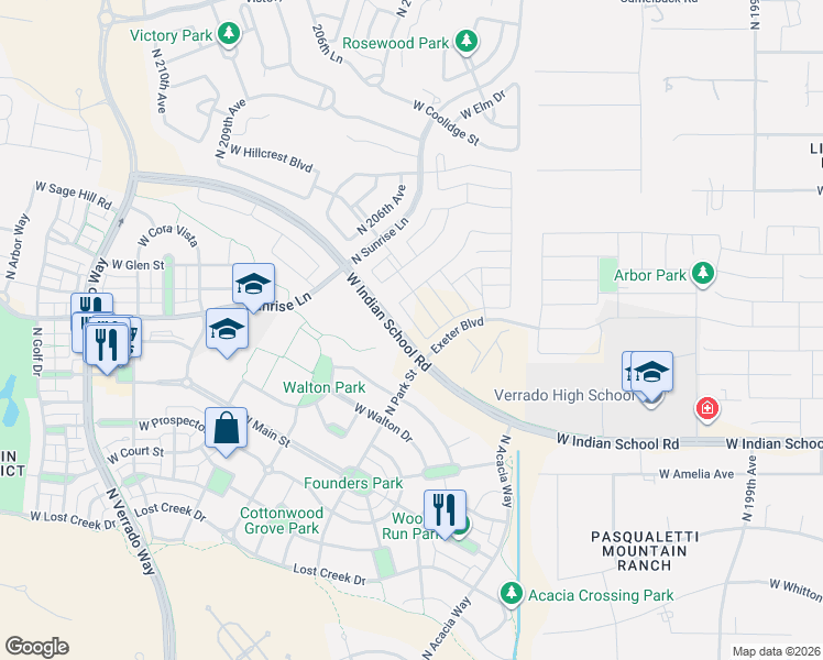 map of restaurants, bars, coffee shops, grocery stores, and more near 4655 North 204th Avenue in Buckeye