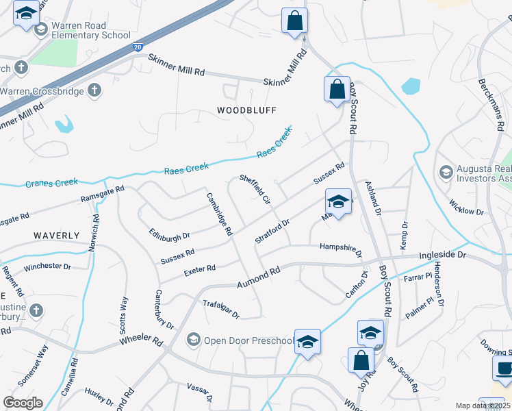 map of restaurants, bars, coffee shops, grocery stores, and more near 438 Sheffield Circle in Augusta