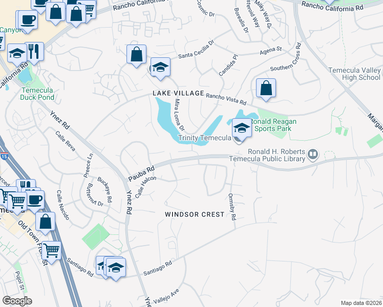 map of restaurants, bars, coffee shops, grocery stores, and more near 30145 La Primavera Street in Temecula