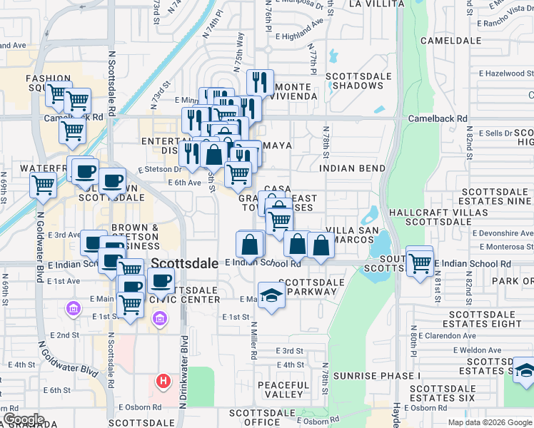 map of restaurants, bars, coffee shops, grocery stores, and more near 4273 North Miller Road in Scottsdale