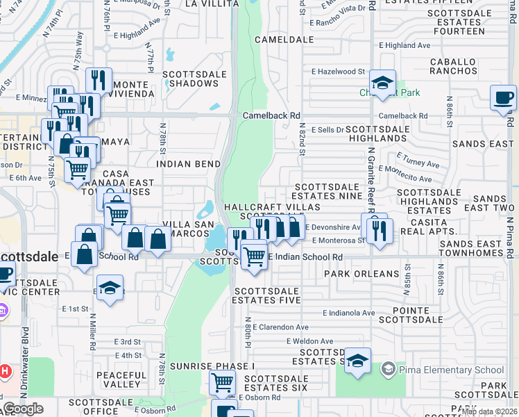 map of restaurants, bars, coffee shops, grocery stores, and more near 4289 North Hayden Road in Scottsdale