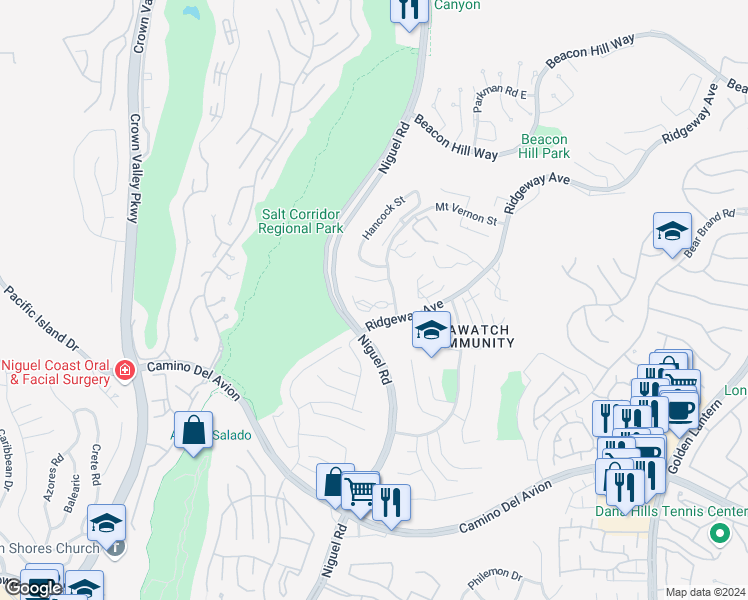 map of restaurants, bars, coffee shops, grocery stores, and more near 23 Campton Place in Laguna Niguel