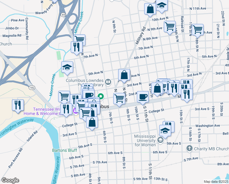 map of restaurants, bars, coffee shops, grocery stores, and more near 320 North 8th Street in Columbus