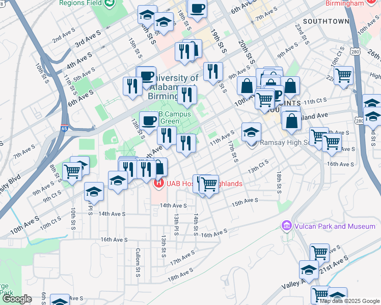 map of restaurants, bars, coffee shops, grocery stores, and more near 15th Street South in Birmingham
