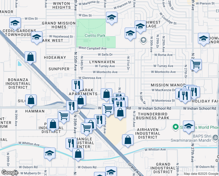 map of restaurants, bars, coffee shops, grocery stores, and more near 3226 West Indian School Road in Phoenix