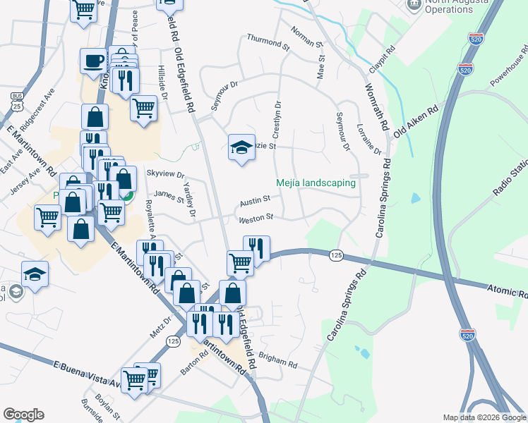 map of restaurants, bars, coffee shops, grocery stores, and more near 1130 Austin Street in North Augusta