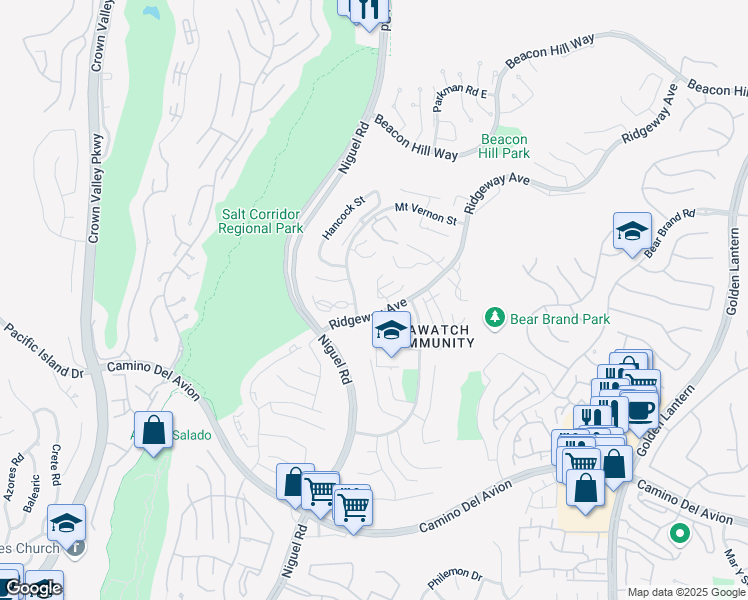 map of restaurants, bars, coffee shops, grocery stores, and more near 27 Bawley Street in Laguna Niguel