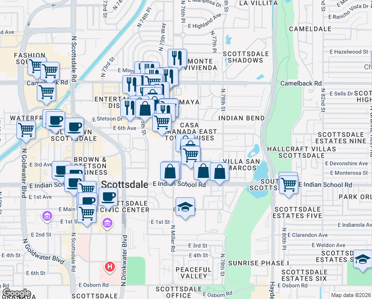 map of restaurants, bars, coffee shops, grocery stores, and more near 4273 North Miller Road in Scottsdale