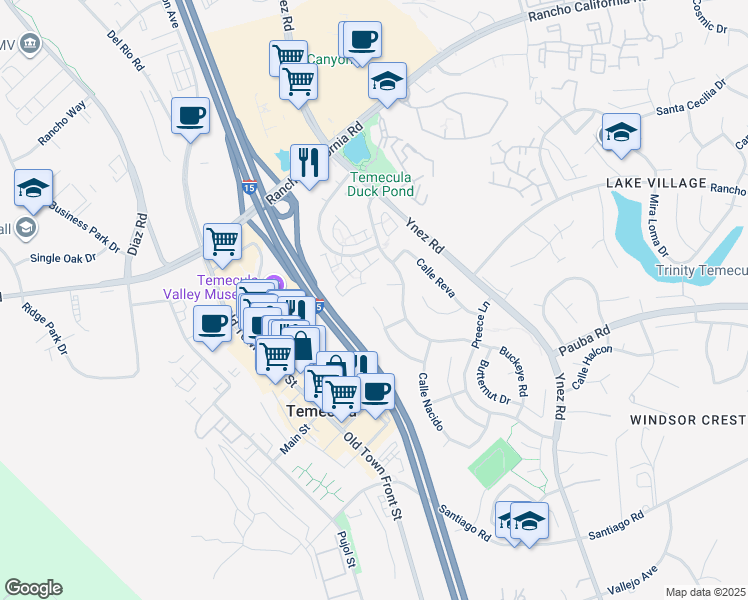 map of restaurants, bars, coffee shops, grocery stores, and more near 43004 Corte Fresca in Temecula