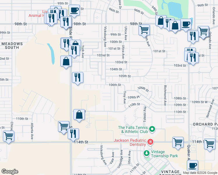 map of restaurants, bars, coffee shops, grocery stores, and more near 10505 Uxbridge Avenue in Lubbock