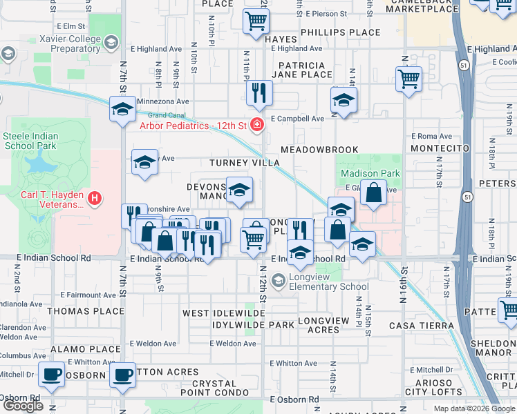 map of restaurants, bars, coffee shops, grocery stores, and more near in Phoenix