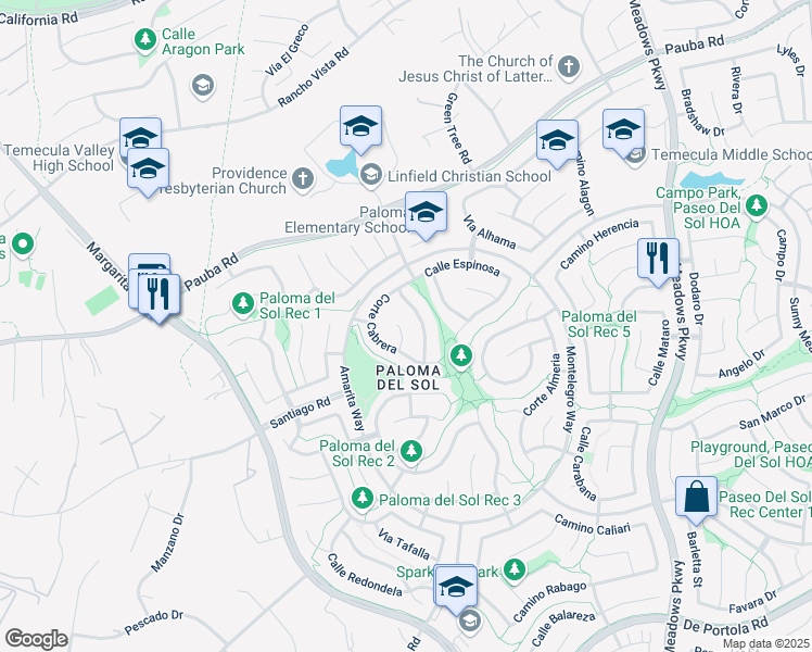 map of restaurants, bars, coffee shops, grocery stores, and more near 43110 Corte Landeros in Temecula